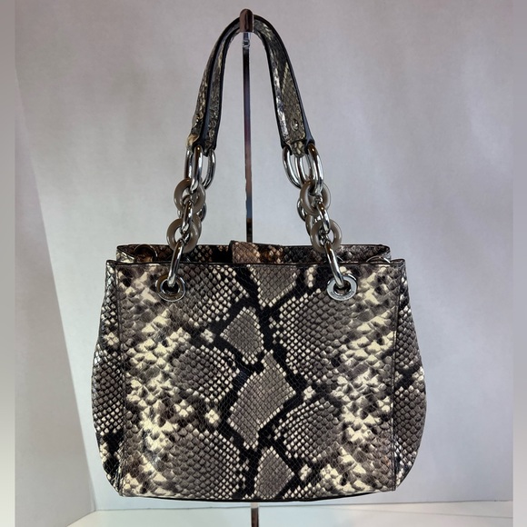 Michael Kors Steel Gray & Black Python Embossed Leather Small Cynthia Satchel - Picture 3 of 11